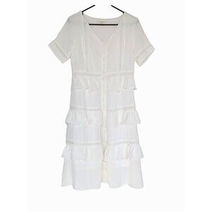 Jessakae Womens Size Large White Tiered Button Front V-Neck Short Sleeve Dress